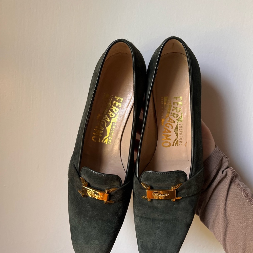 Salvatore Ferragamo Women's Dark Green Loafers with Gold Accents